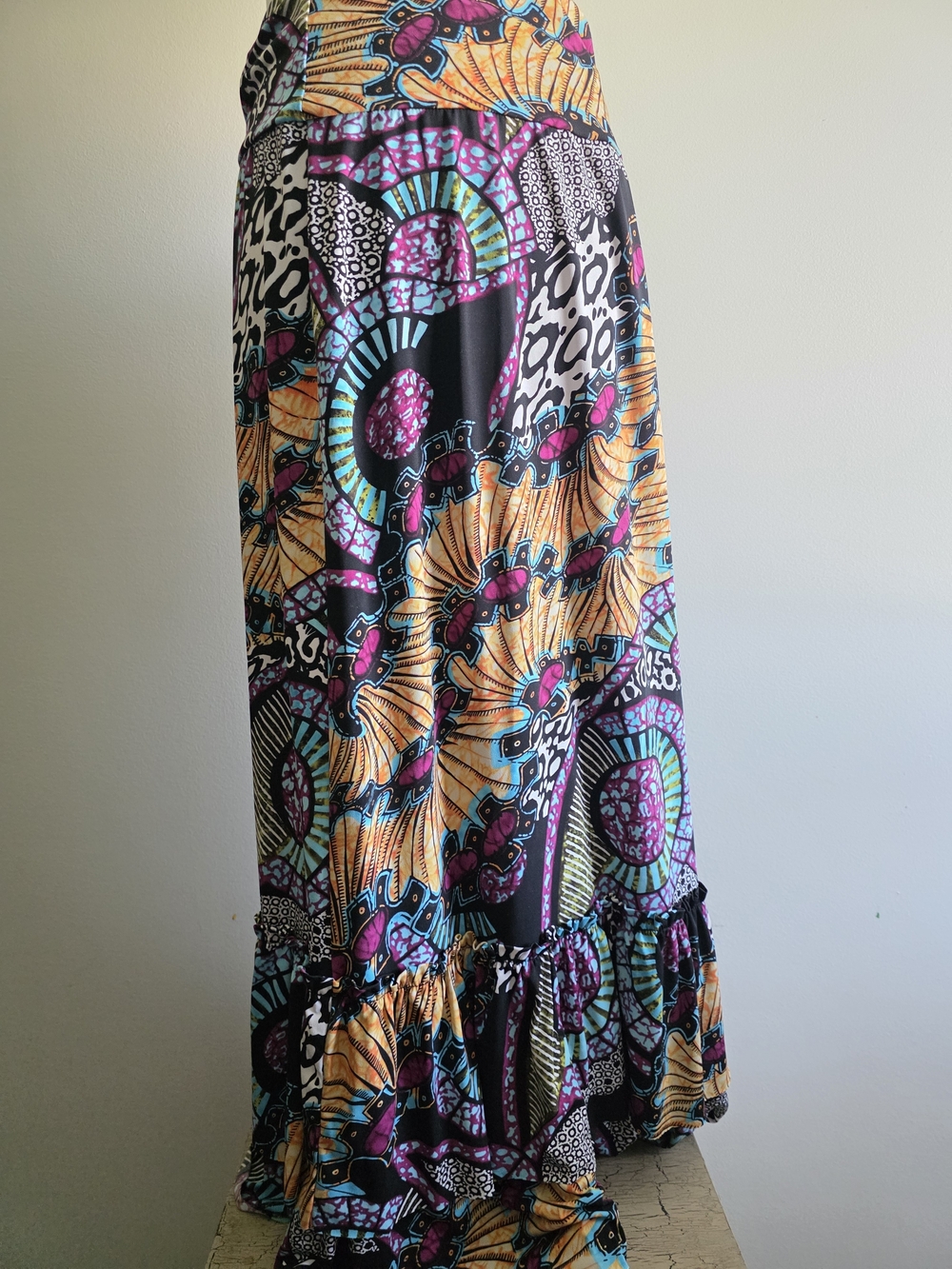 Bisou Bisou Multicolor Maxi Skirt — Pink, Turquoise & Black Print